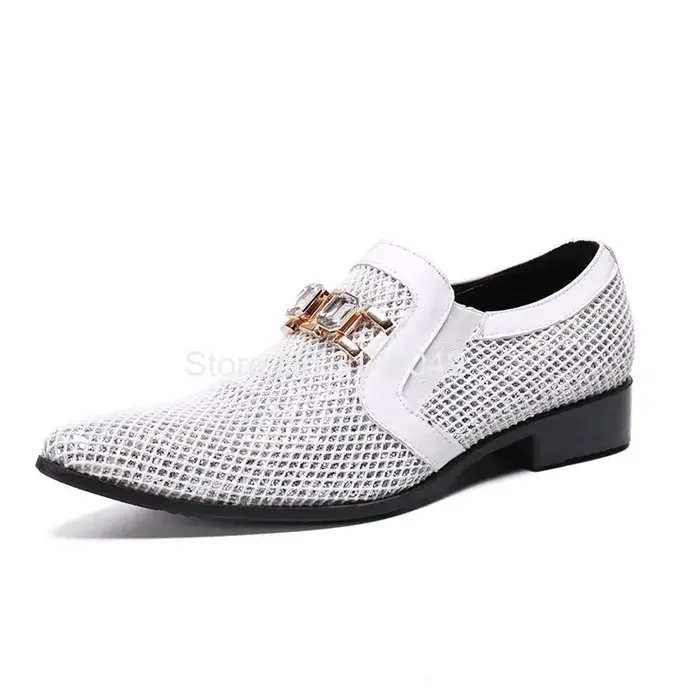 Chaussures de mariage pour hommes à bout pointu blanches avec anneaux en cristal