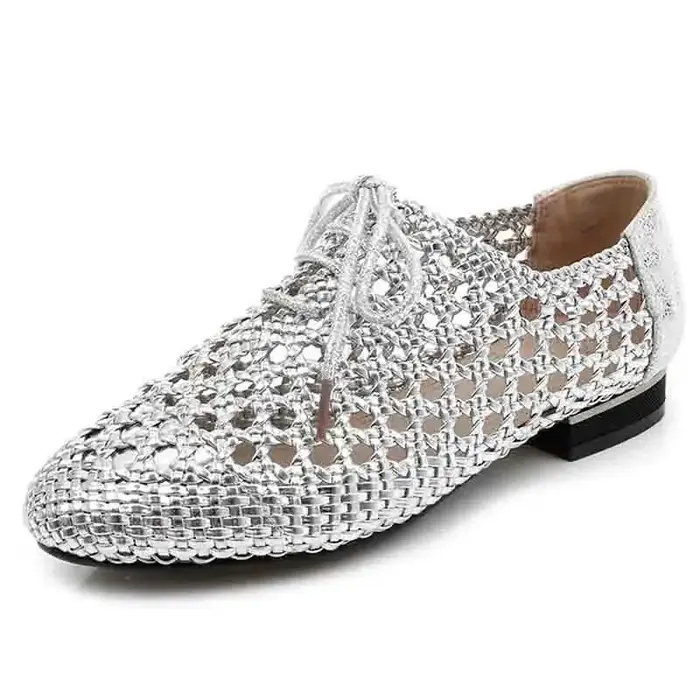 Chaussures plates en cuir véritable pour femmes, lacets, bout rond, découpes, tissage, dames, été, n