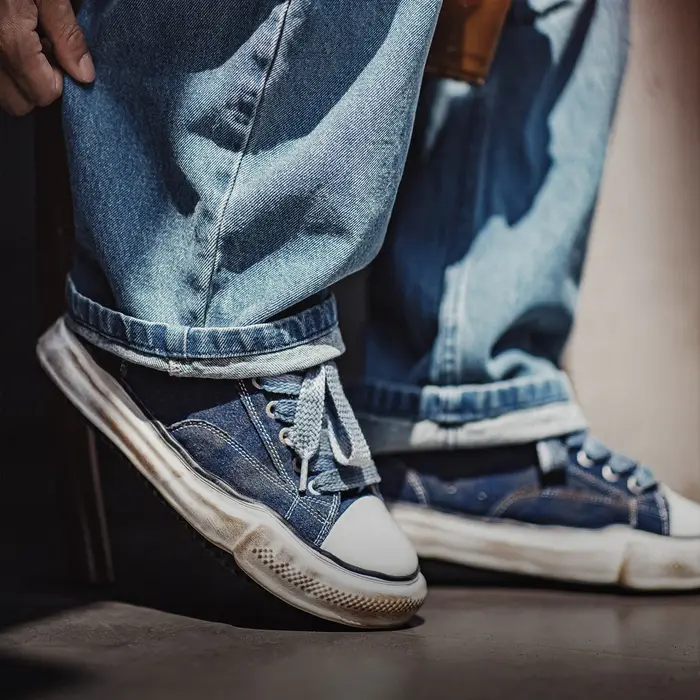 Baskets basses Maden pour hommes, style rétro américain, en toile denim délavée, avec semelle épaiss