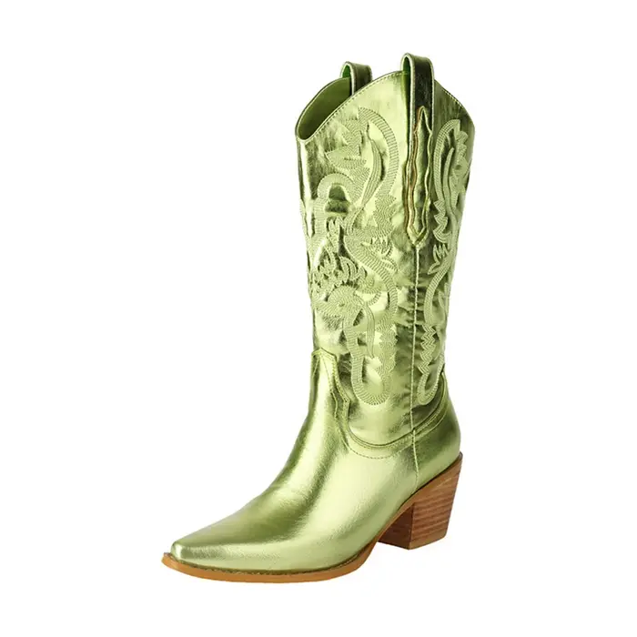 Femmes pointues automne et hiver mode talon carré Tube moyen Western Cowboy chevalier robe fête vêtements de travail bottes de marche 382