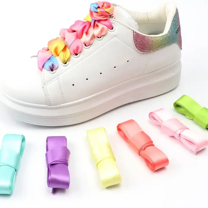Ruban de soie plat lacets colorés bonbons dégradé Satin lacets bottes femmes baskets lacet arc-en-ci
