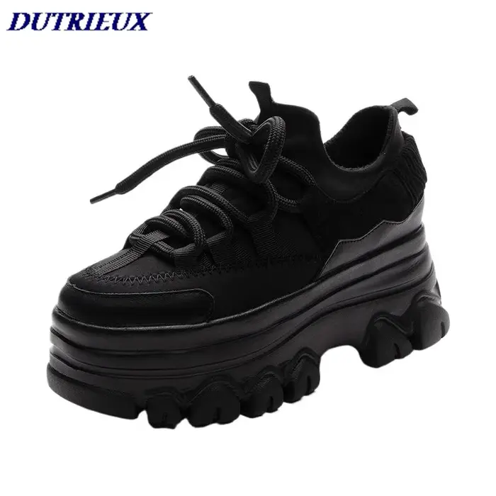 2025 9cm plate-forme baskets à semelles compensées en cuir véritable femmes chaussures grosses