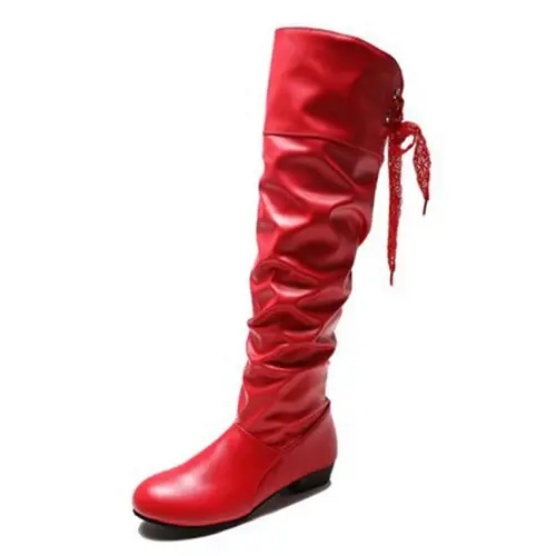 Chaussures pour femmes, bottes hautes rouge, noir, blanc, bottes longues plissées à talon bas, chaus