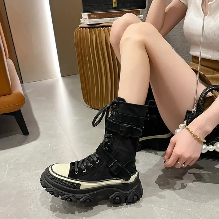 Rock Shoes – bottes de luxe à talons plats pour femme, chaussures de styliste, bout rond, mode automne 20224, cheville Med, tissu en coton à enfiler