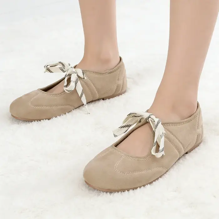 Mode à lacets couture Design marque ballerines femmes haute qualité Faux daim Mary Jane chaussures confortables bout rond mocassins