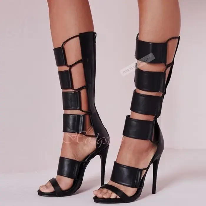 Découpes sangles sandales en cuir bottes genou haut creux solide talons aiguilles femmes sandales se