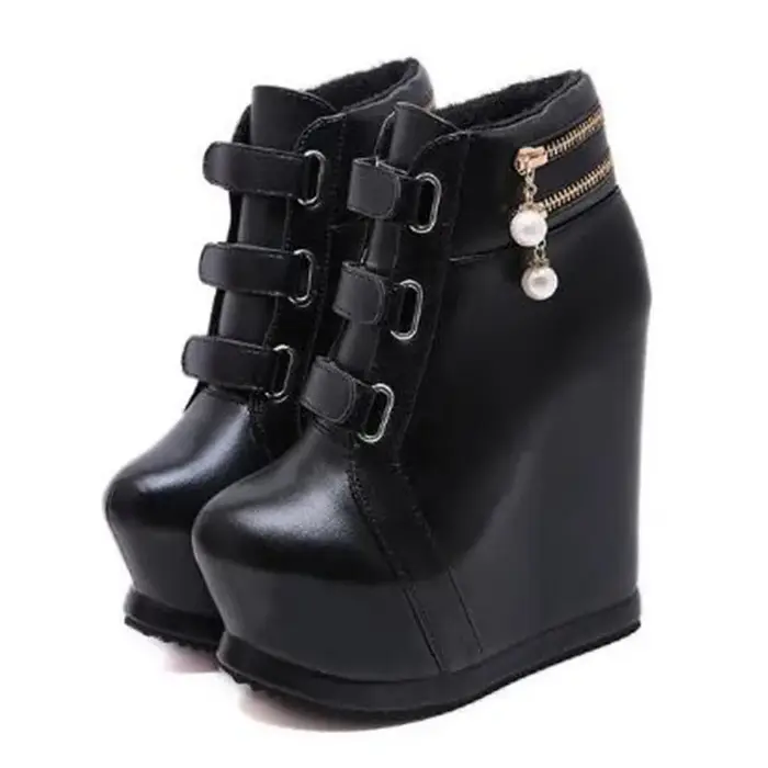 Marque chaussures à semelles compensées femmes bottines Zapatillas Mujer fond épais perle Sexy haute pente chaussure d'hiver dames plate-forme talons hauts