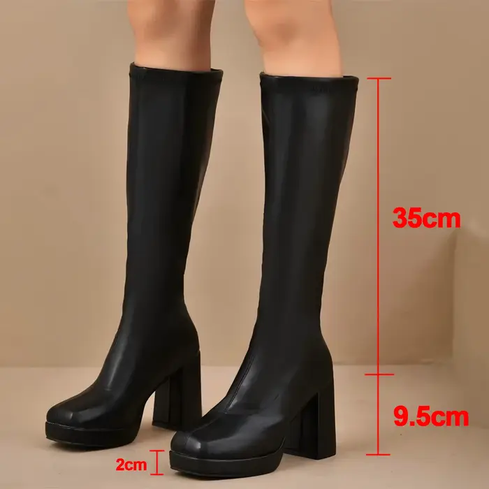 Plate-forme épaisse bottes en cuir Pu noir femme 2025 genou haute grande taille 42 talons hauts bott