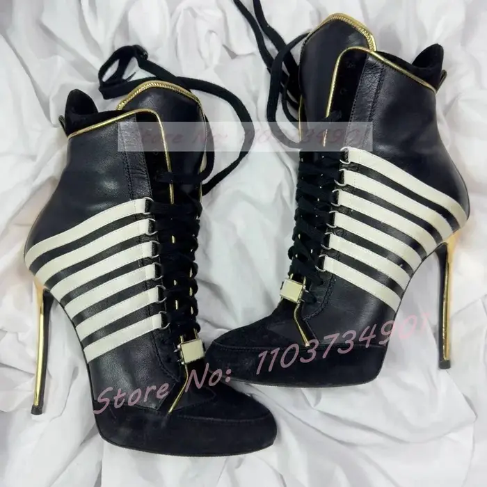 Baskets montantes blanches à talons hauts pour femmes, bottes Sexy en Patchwork, bout rond, à lacets