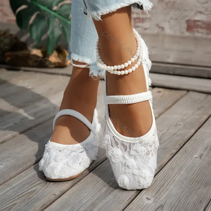 Comemore nouveau rose dentelle fleur appartements printemps été décontracté semelle souple bout carré à lacets doux Ballet maille respirant unique chaussures