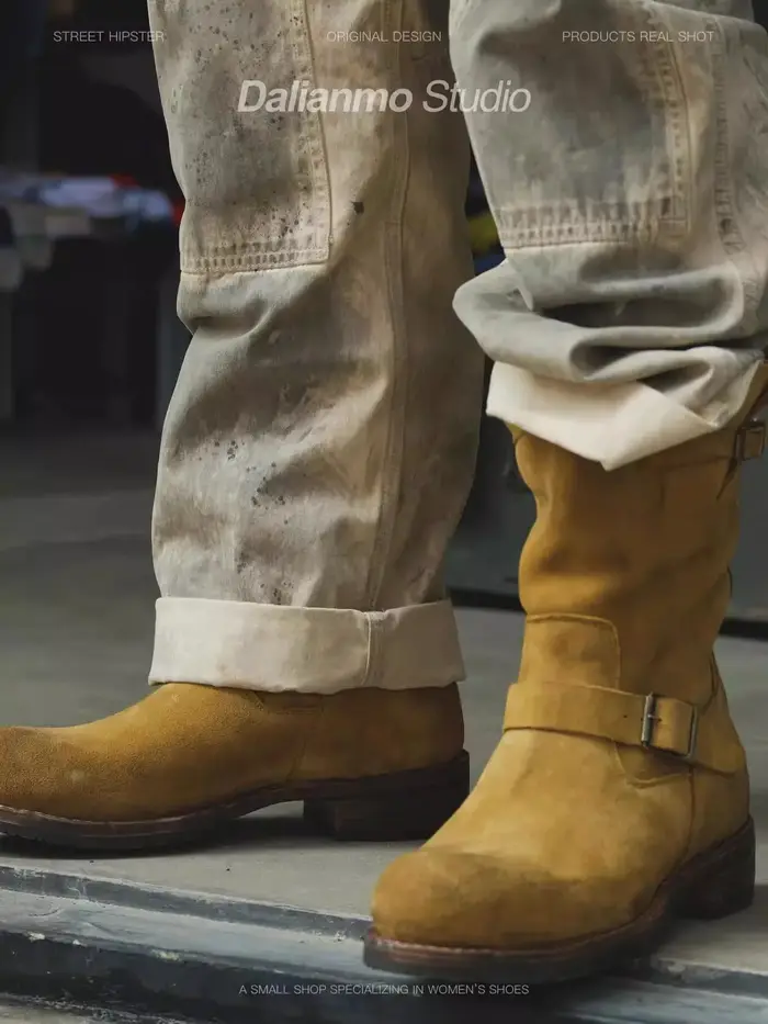 Bottes de travail en daim kaki vintage faites à la main pour hommes et femmes
