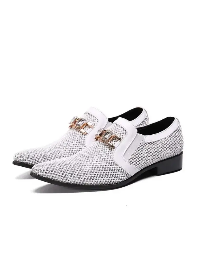 Chaussures de mariage pour hommes à bout pointu blanches avec anneaux en cristal, chaussures en cuir