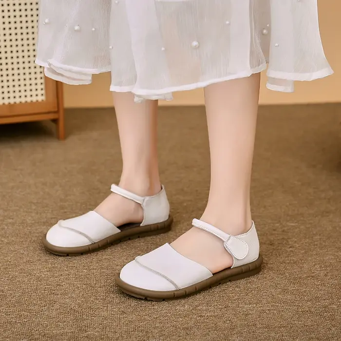 2025 Johnature rétro fait à la main en cuir véritable sandales plates été décontracté polyvalent confortable semelle souple chaussures pour femmes