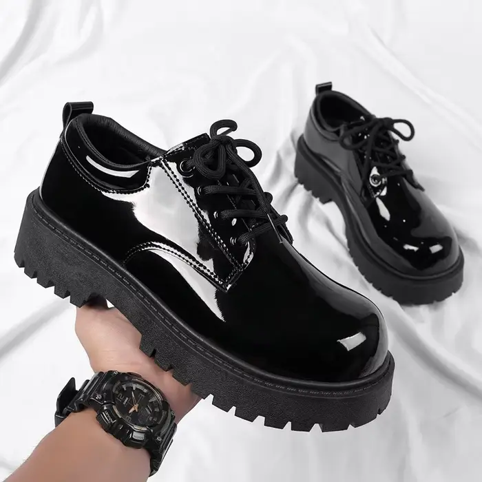 Chaussures en cuir noir unisexe 2025 printemps plate-forme à lacets Oxfords chaussures antidérapante