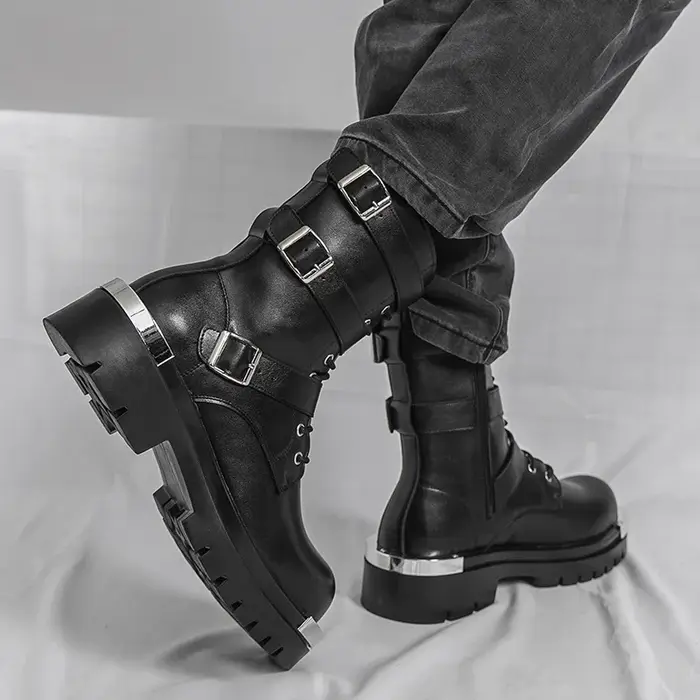 Style Punk hommes bottes mode boucle de ceinture conception mi-mollet botte haute qualité en cuir