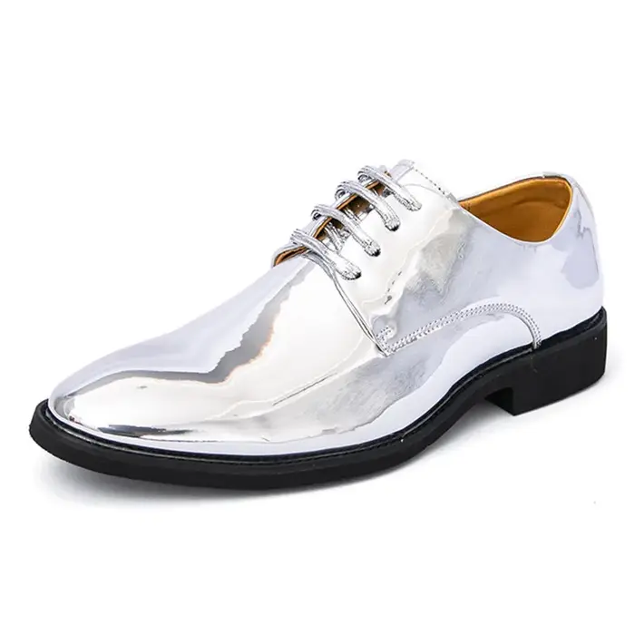 Mode nouveau or argent brillant en cuir verni à lacets Derby chaussures pour hommes formel mariage marié bal appartements Zapatillas Hombre