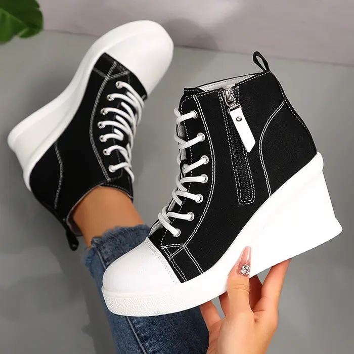 Noir haut toile baskets chaussures pour femmes classique plate-forme talon compensé