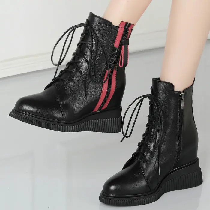 Baskets montantes épaisses en cuir véritable pour femme
