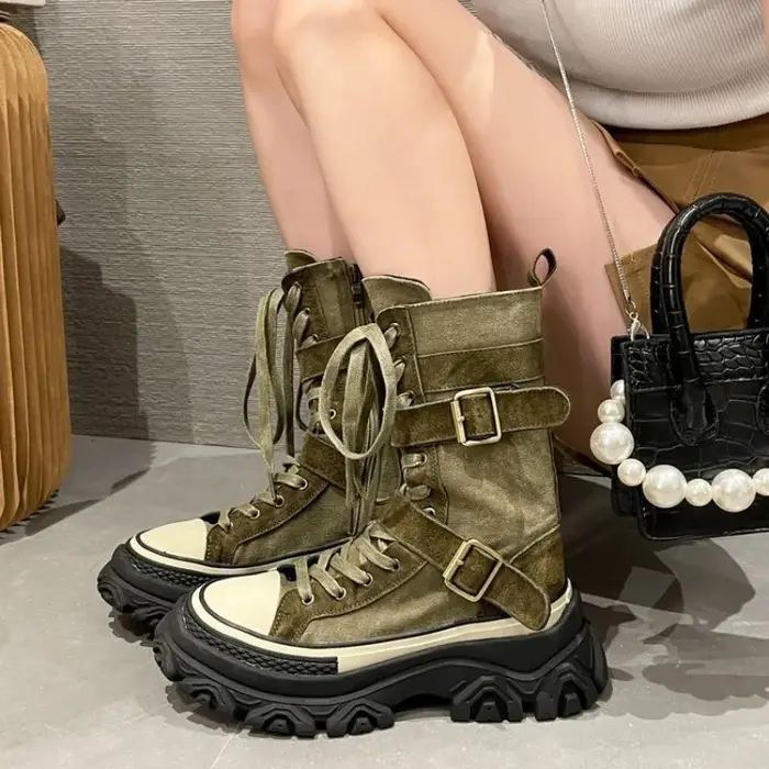 Rock Shoes – bottes de luxe à talons plats pour femme, chaussures de styliste, bout rond, mode automne 20224, cheville Med, tissu en coton à enfiler