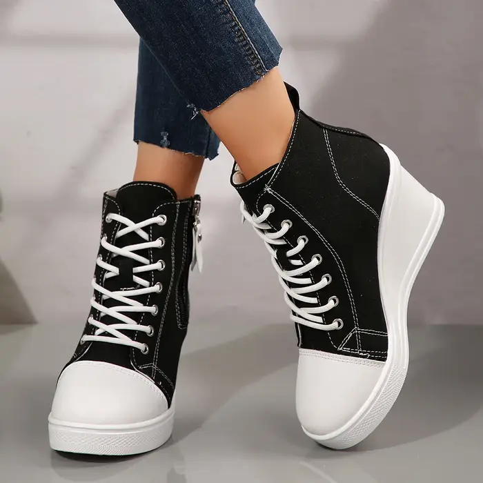 Baskets pour femmes, nouvelles, à talons compensés invisibles, avec fermeture éclair et lacets, chau