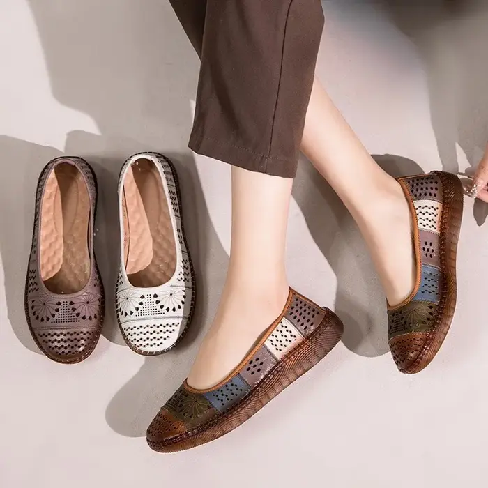 GKTINOO Sandales en cuir véritable 2026 Nouveauté été Respirantes à semelle souple creuse Confortables Chaussures plates pour femmes