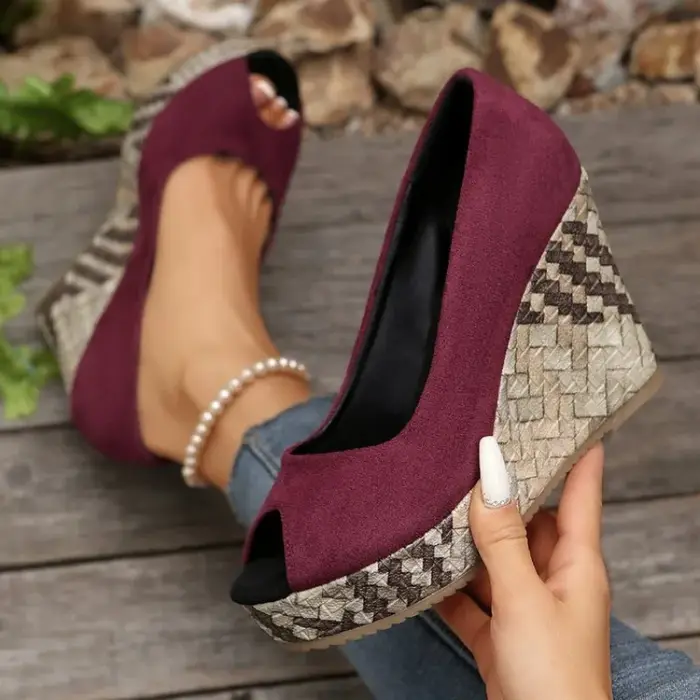 LIHUAMAO daim compensées femmes talons hauts peep toe chaussures plate-forme pompes