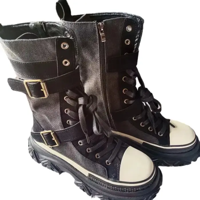 Rock Shoes – bottes de luxe à talons plats pour femme, chaussures de styliste, bout rond, mode automne 20224, cheville Med, tissu en coton à enfiler