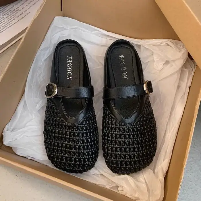 Mules pour femmes, nouvelles sandales d'été tissées à bout fermé