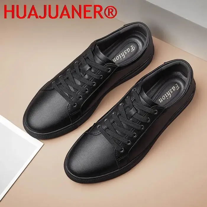 Hommes en cuir véritable chaussures décontractées noir baskets