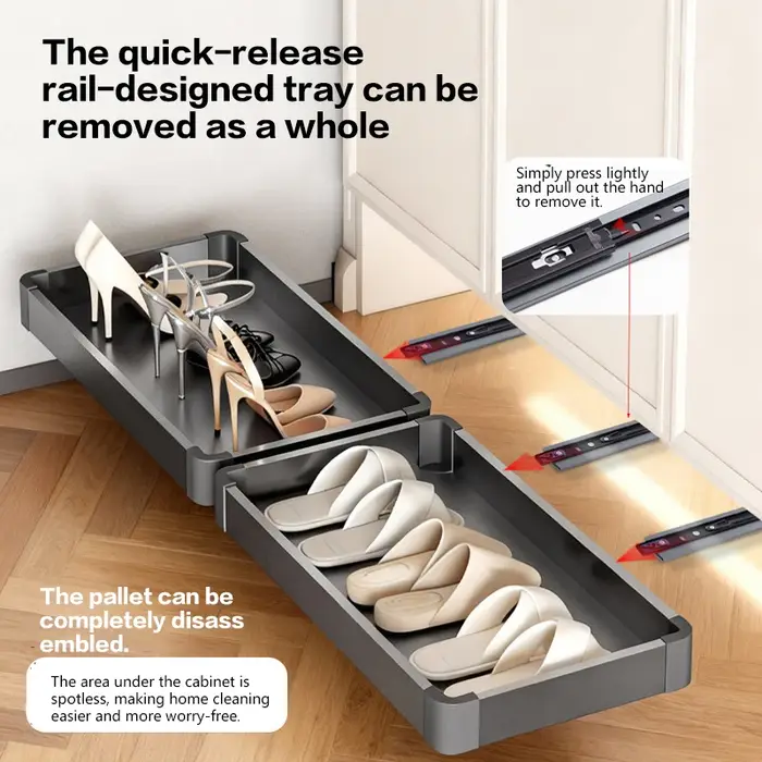 Tiroir coulissant multifonctionnel sous l'armoire à chaussures avec ouverture par poussée pour l'entrée et l'organisation de la maison