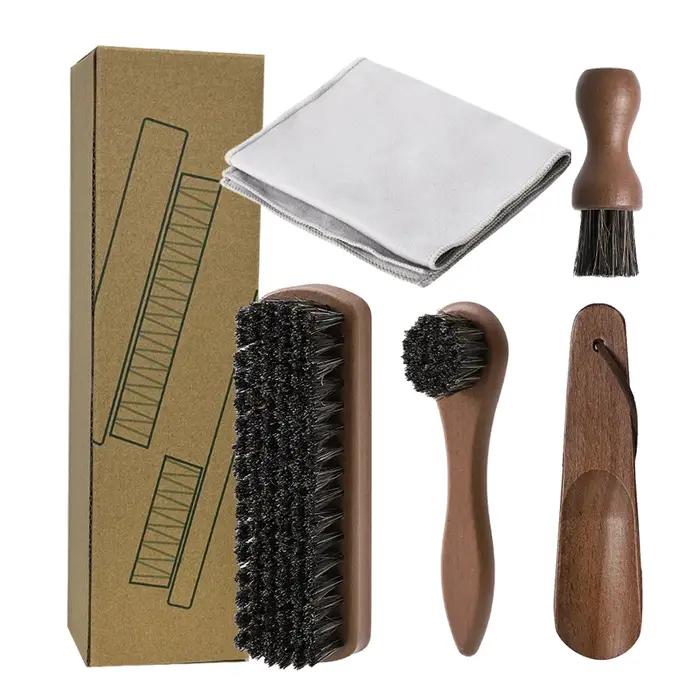 Kit de brillance de chaussures en crin de cheval 5 pièces-ensemble de soins de chaussures en cuir Po