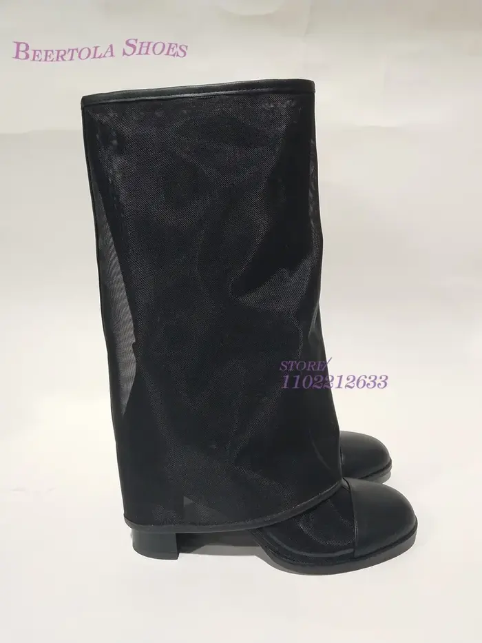 Bottes en Maille à Manches Rabattables pour Femme, Chaussures à Talon Creux, Noir, Rond, Essence, Él