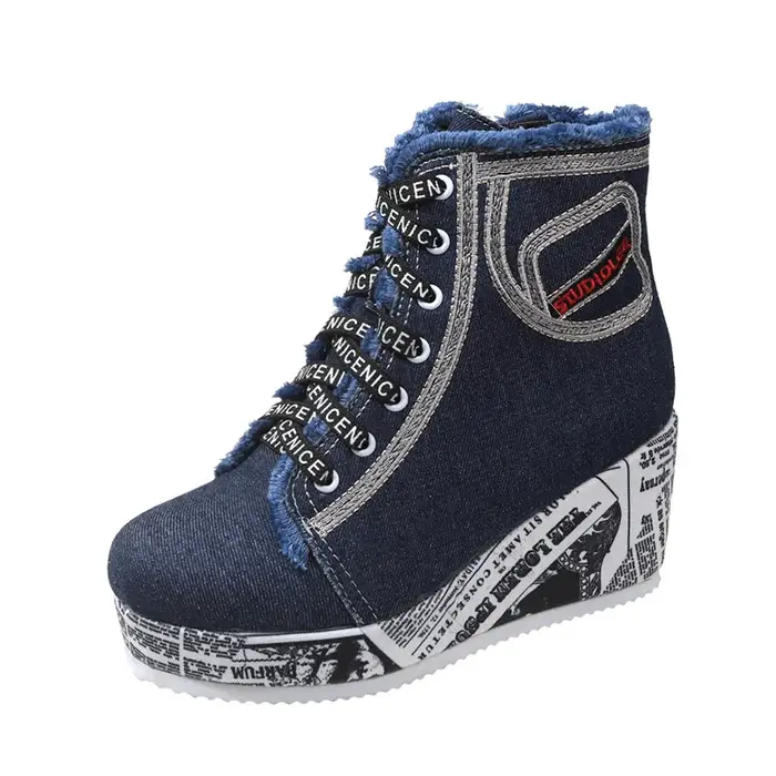 Femmes nouveau Denim baskets à semelles compensées plate-forme printemps automne décontracté chaussures vulcanisées mode dames côté fermeture éclair fond épais talon haut