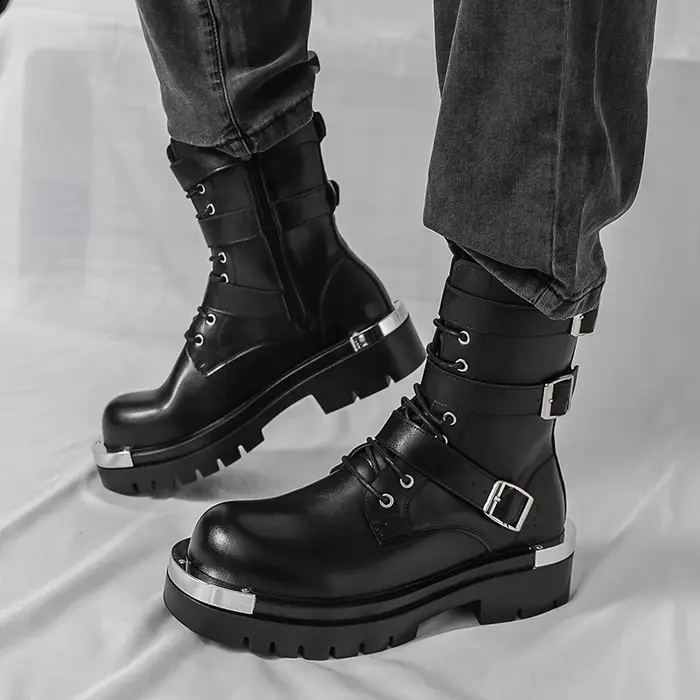 Style Punk hommes bottes mode boucle de ceinture conception mi-mollet botte haute qualité en cuir