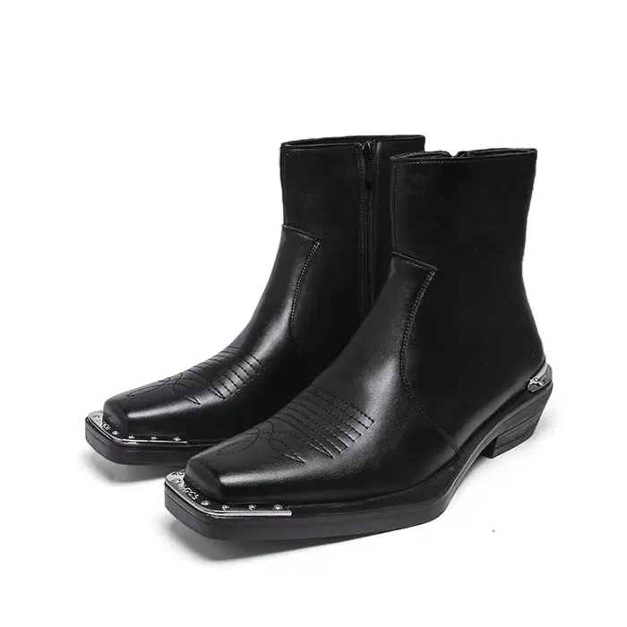 Bottes en cuir à tige haute pour homme, chaussures tendance à bout carré, style décontracté, semelle