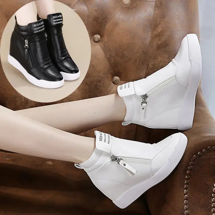Baskets montantes à plateforme compensée en cuir véritable pour femmes