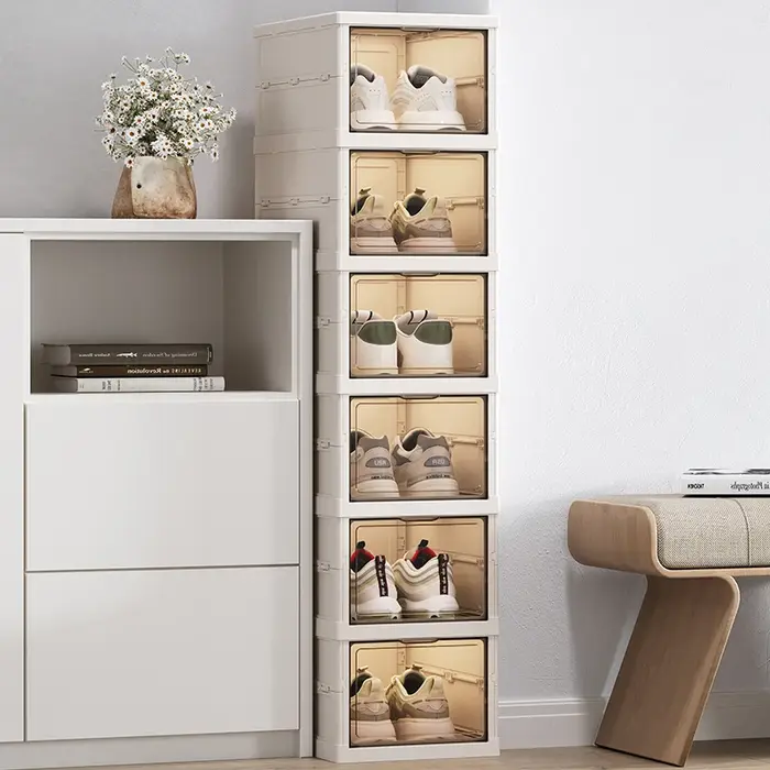 Boîte à chaussures pliable, une pièce | Interrupteur magnétique, multi-styles et tailles | Utilisation à roulettes, salon et chambre à coucher | Accueil, boîtes de rangement pour chaussures