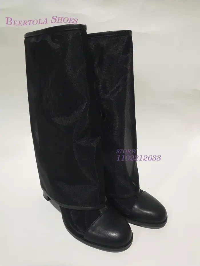 Bottes en Maille à Manches Rabattables pour Femme, Chaussures à Talon Creux, Noir, Rond, Essence, Él