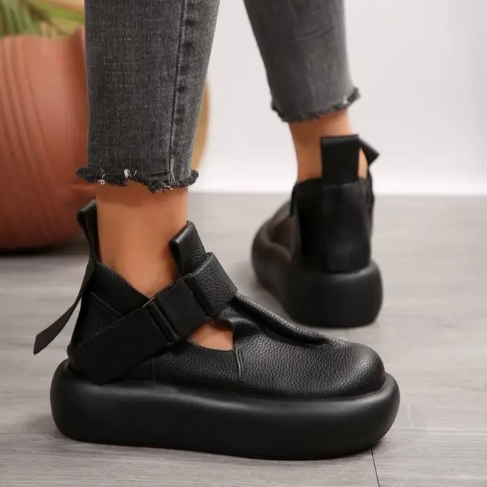 Bout rond semelle épaisse en cuir rétro plate-forme chaussures femmes loisirs romain rétro bottines 