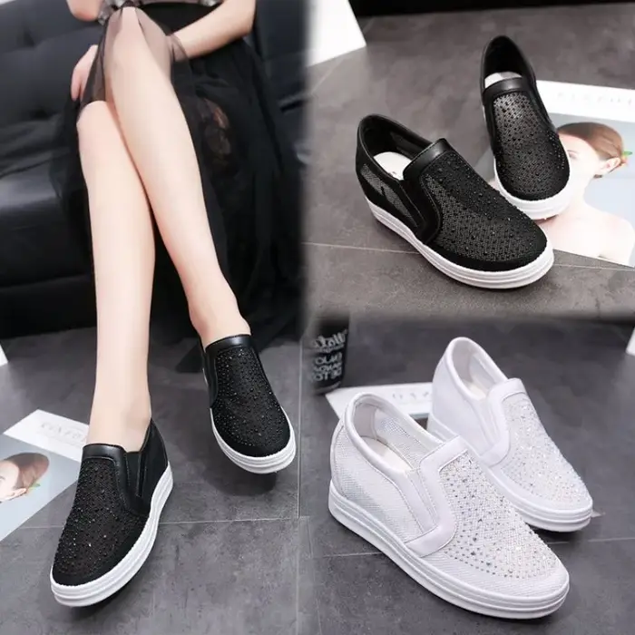 Plate-forme baskets à semelles compensées chaussures en cuir véritable Bling