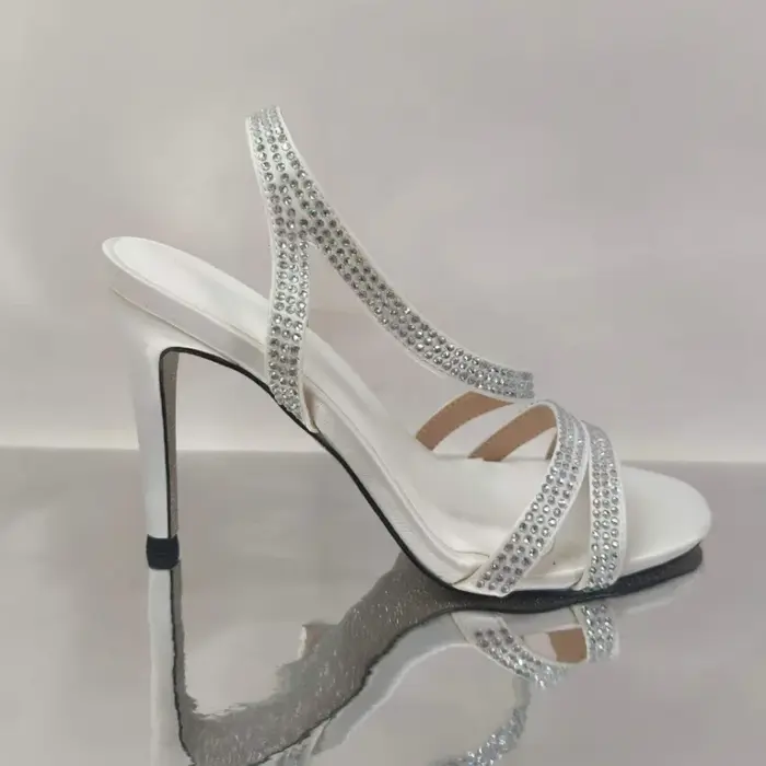 Sandales à talons hauts pour femmes avec strass, bout rond, bride cheville, talons solides, chaussur
