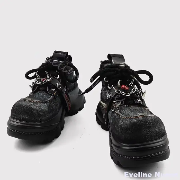 Evil Eye Punk Denim chaussures femmes décoration en métal bout rond plate-forme croix liée chaussure