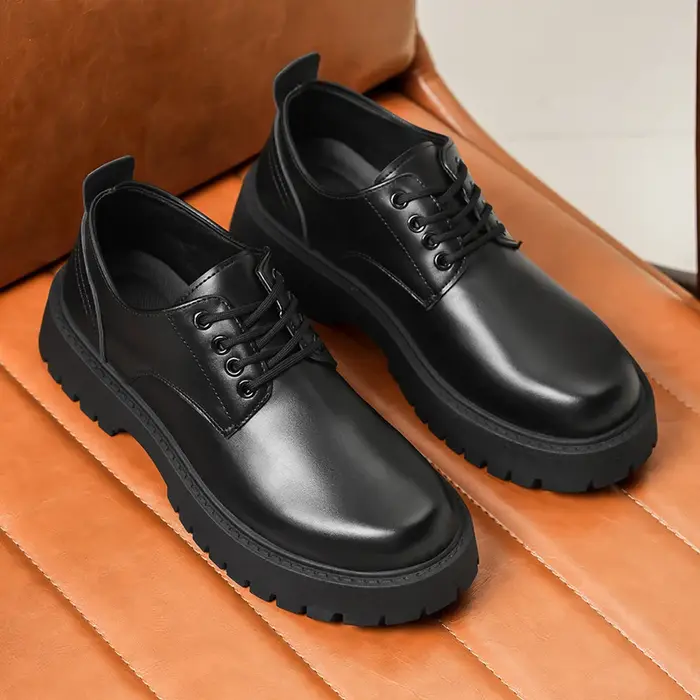 Chaussures à plateforme en cuir noir pour hommes, à lacets, semelle épaisse, chaussures décontractées formelles pour affaires, mariage, extérieur