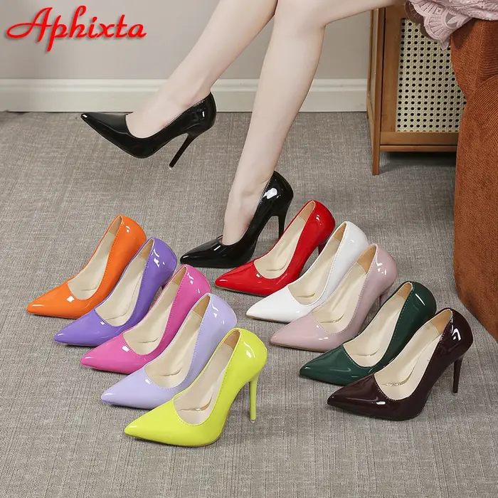 Aphixta 2026 Nouveaux talons aiguilles 12 cm Super Hauts Escarpins Femme Chaussures Mode Bout Pointu Cuir Verni Bureau
