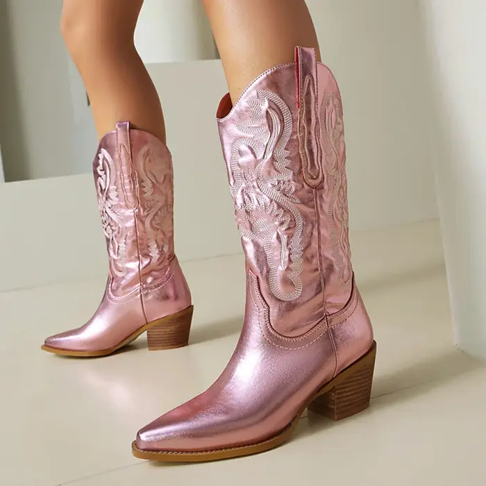 Femmes pointues automne et hiver mode talon carré Tube moyen Western Cowboy chevalier robe fête vêtements de travail bottes de marche 382