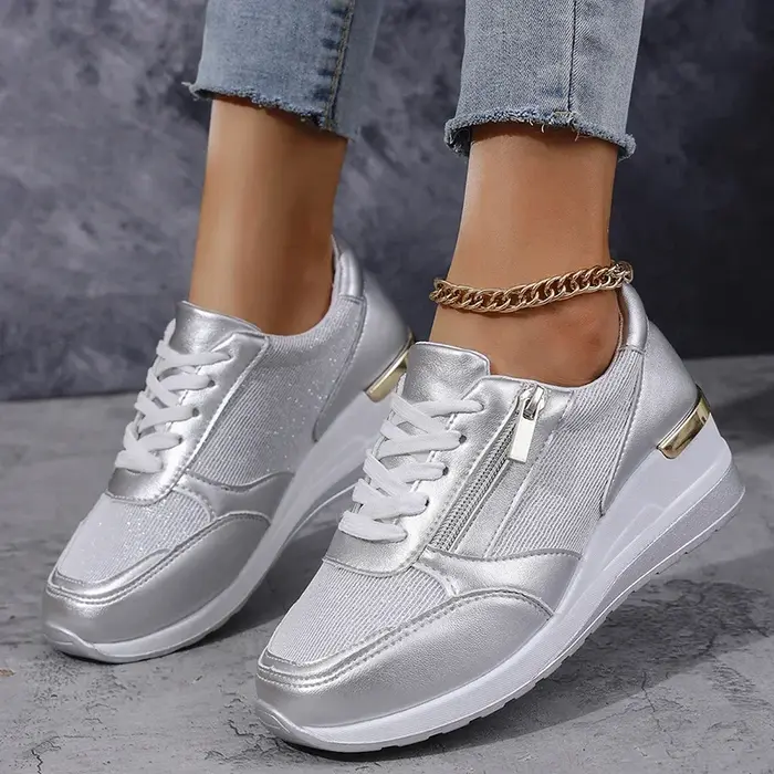 Mode fond épais argent baskets femmes 2025 printemps talon compensé chaussures vulcanisées femme confortable à lacets Sport Sneaker Mujer