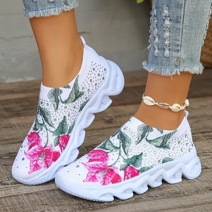 Baskets à imprimé floral pour femmes, cristal brillant, blanc, chaussures décontractées, chaussures 