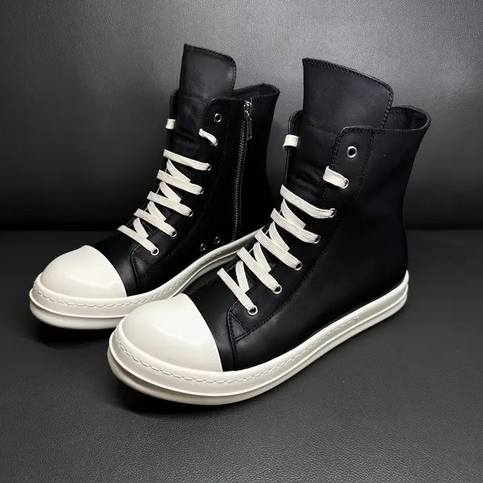 Baskets montantes décontractées pour hommes en cuir noir avec fermeture éclair et lacets fins