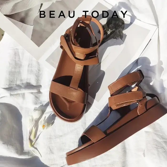 BeauToday – sandales gladiateur en cuir de veau véritable pour femmes, bout ouvert, sangle en T, sem