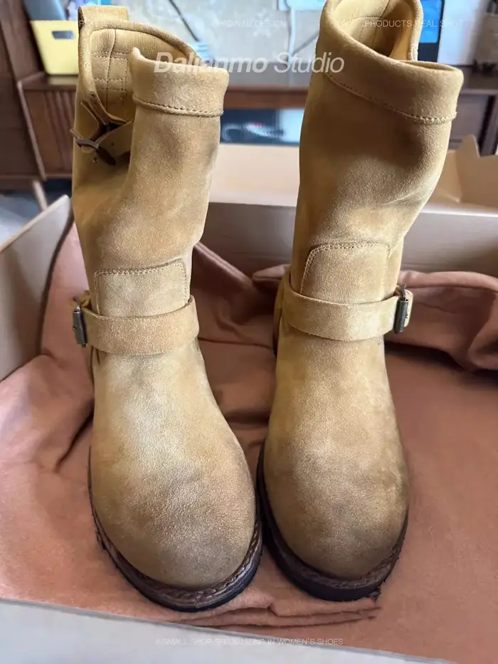 Bottes de travail en daim kaki vintage faites à la main pour hommes et femmes